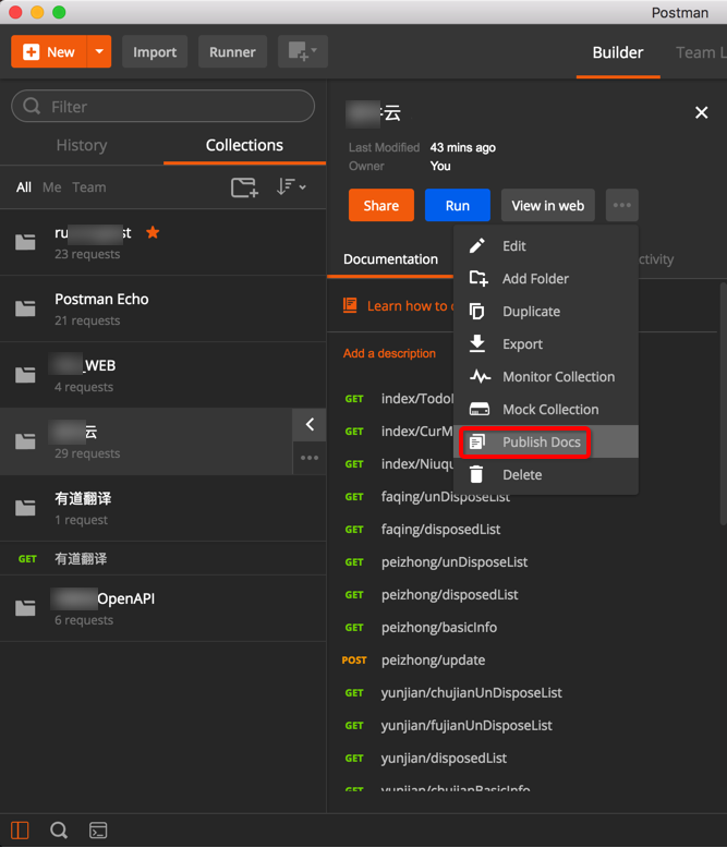 Postman的分組點選Publish Docs